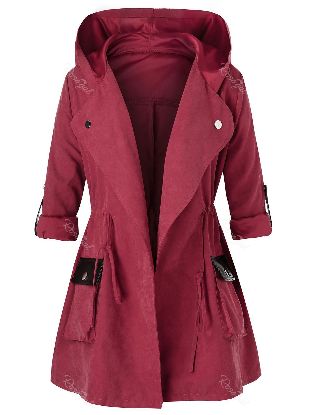 

Plus Size Drawstring Hooded Roll Tab Sleeve Pocket Jacket, Red wine