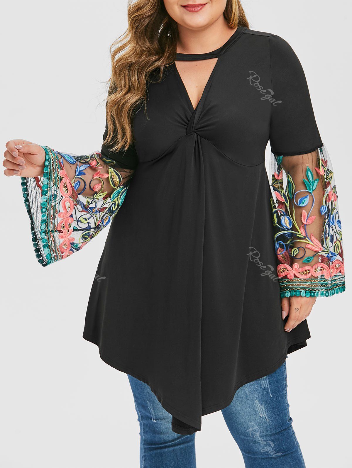 

Plus Size Mesh Embroidered Flare Sleeve Keyhole Twist Asymmetric Tee, Black