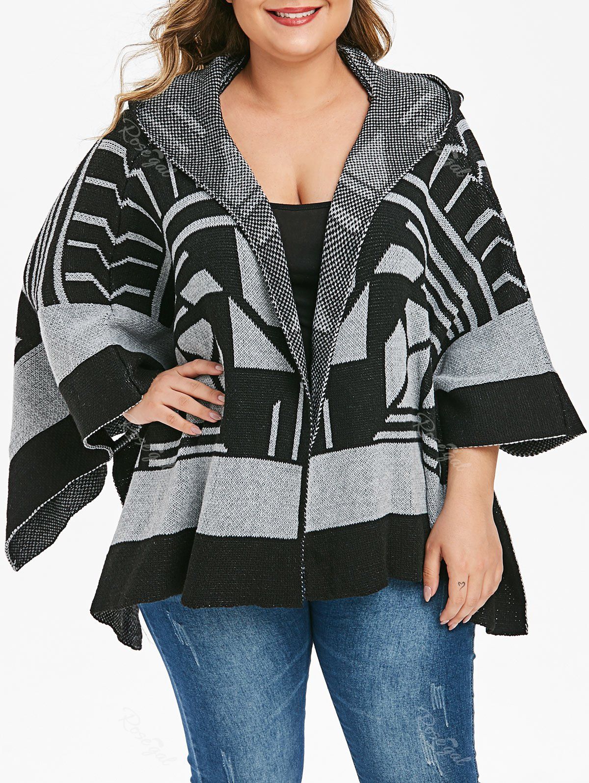 

Plus Size Geometric Graphic Hooded Poncho Cardigan, Black