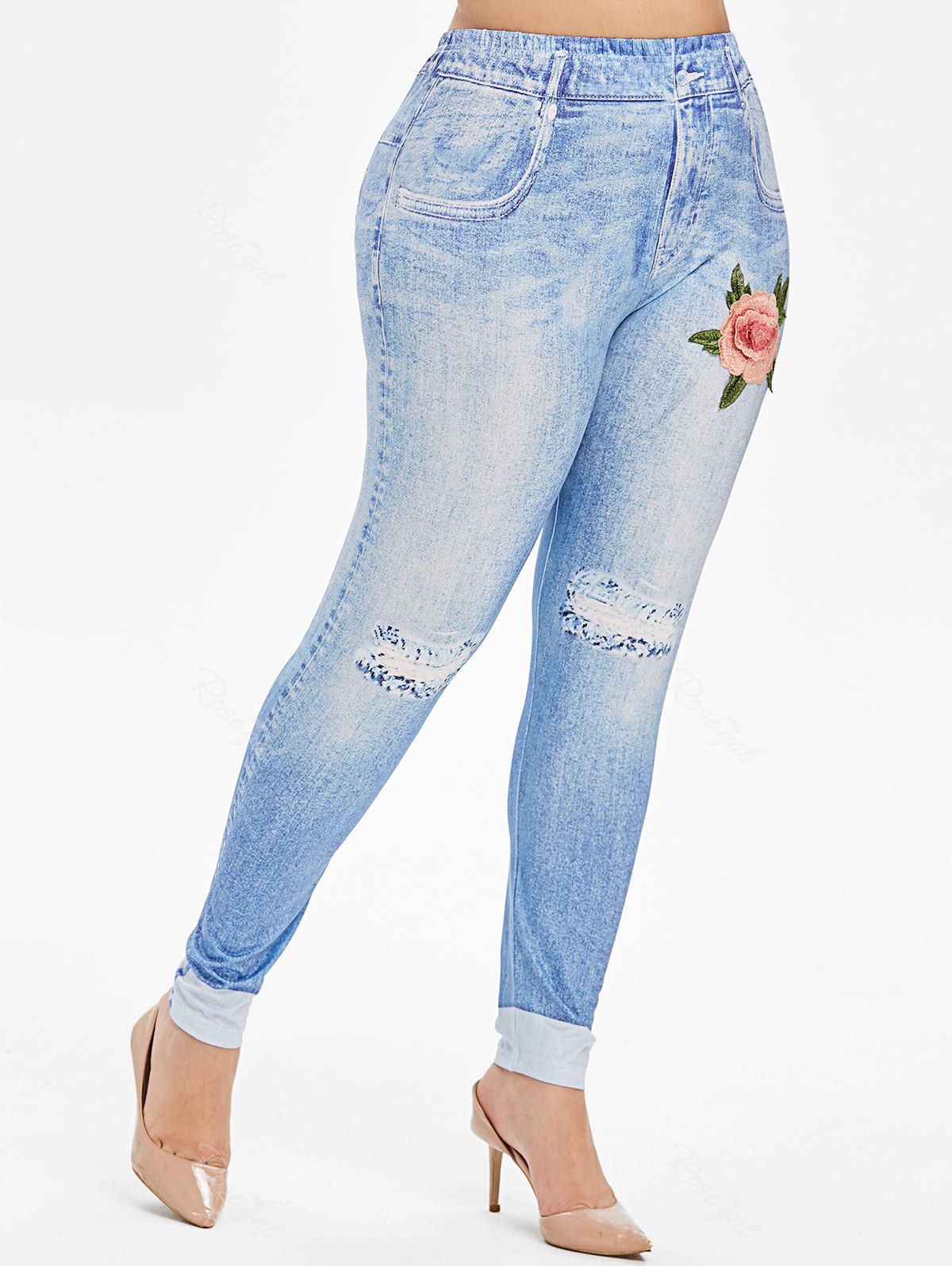 

High Waisted 3D Floral Embroidered Applique Plus Size Jeggings, Light blue