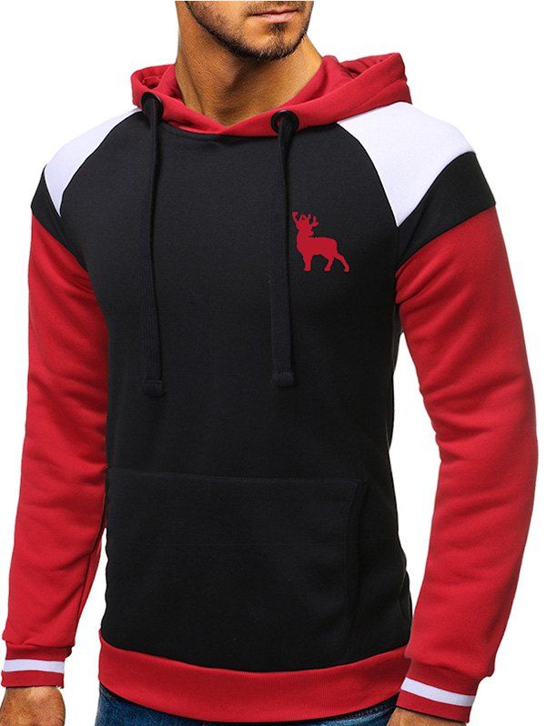 

Color-blocking Deer Graphic Front Pocket Fleece Hoodie, Black