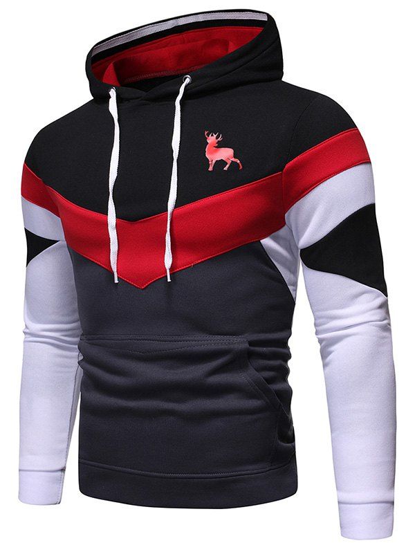 

Color-blocking Chevron Drawstring Fleece Hoodie, Black