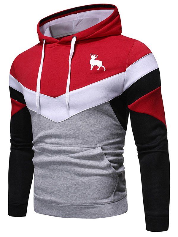 

Color-blocking Chevron Drawstring Fleece Hoodie, Red