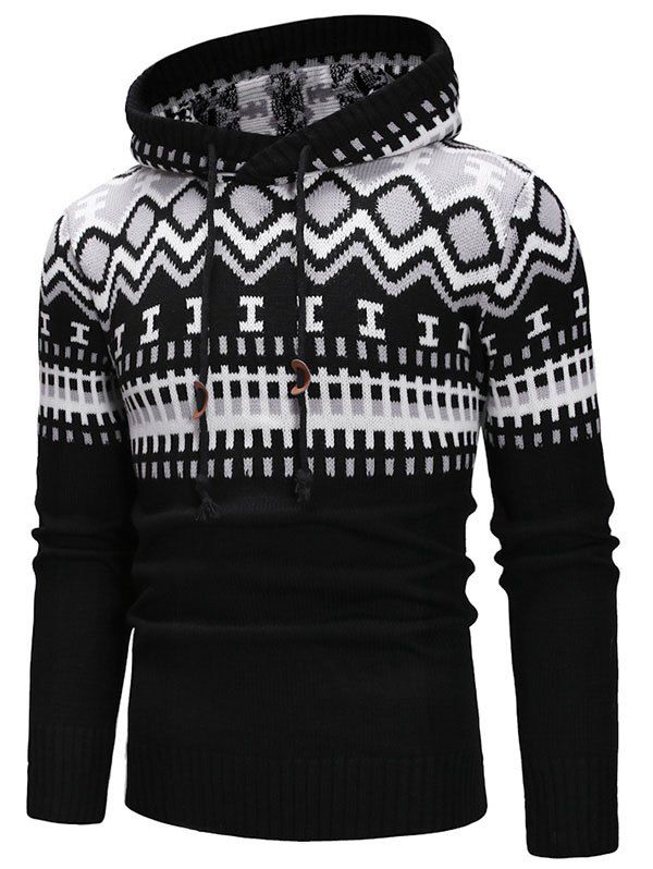 

Geometric Print Hooded Pullover Sweater, White