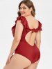 Maillot de Bain d'Années 1950 Plongeant Noué au Dos Bas de Grande Taille à Volants - Rouge Vineux 5X