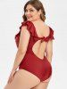 Plus Size Flounce Ruched Low Back Tied Plunge Swimsuit -  