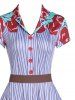 Rose Pattern Striped Button A Line Dress -  