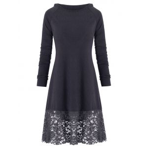 

Floral Lace Panel Hooded Long Sleeves Top, Gray