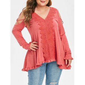 

Plus Size Cold Shoulder Lace Applique Strappy T Shirt, Watermelon pink