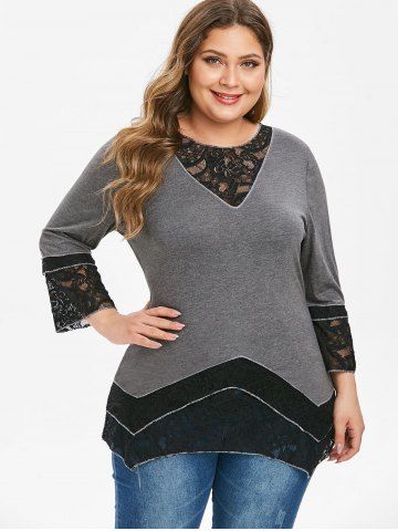 Plus Size Lace Insert Heathered Tunic T Shirt