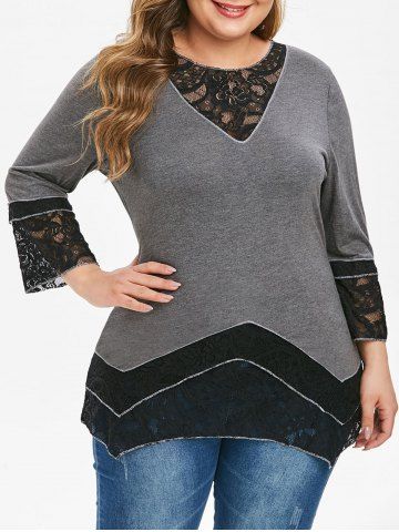 Plus Size Lace Insert Heathered Tunic T Shirt