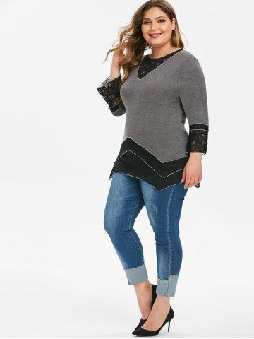 Plus Size Lace Insert Heathered Tunic T Shirt