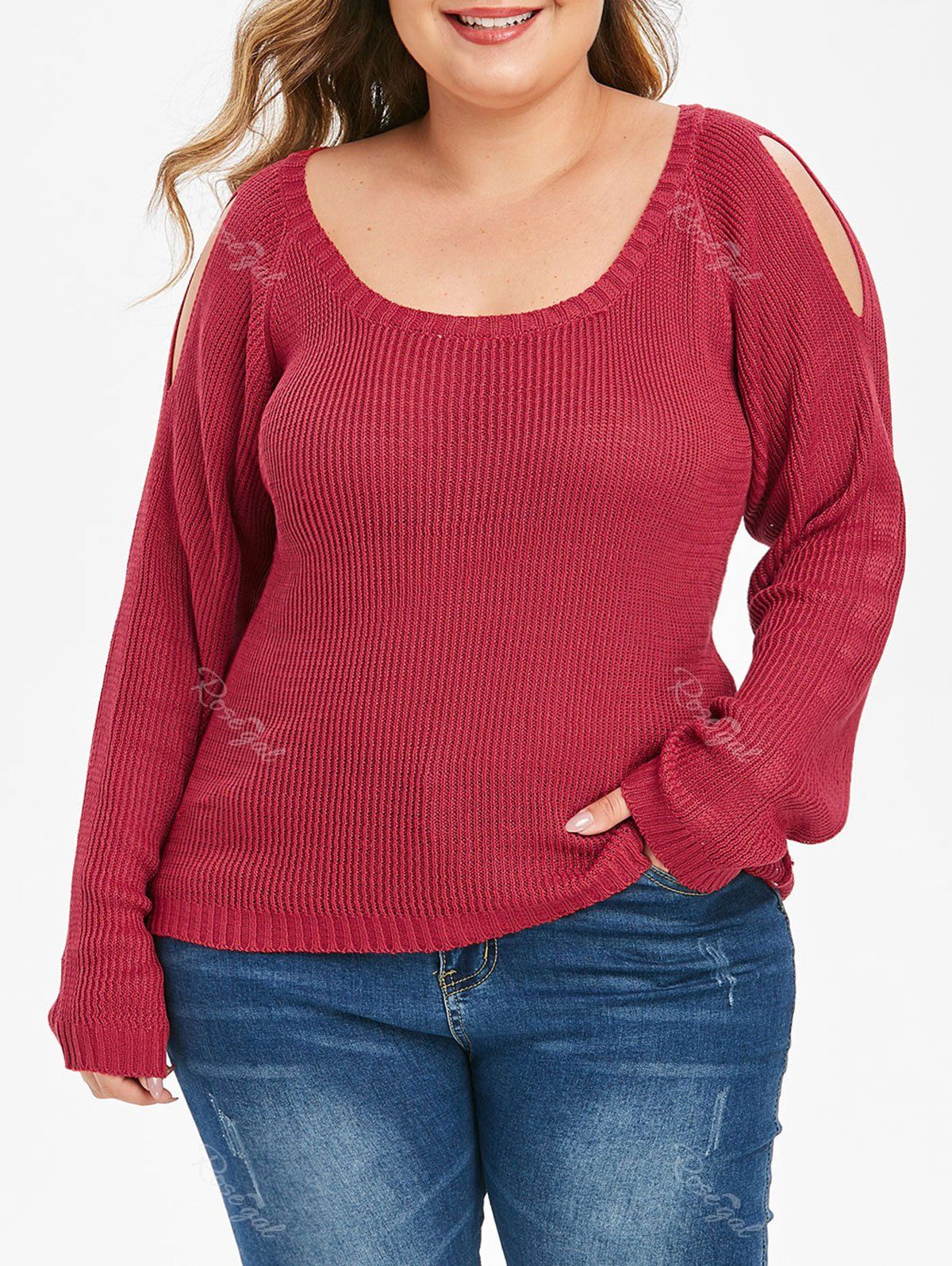 

Plus Size Cold Shoulder Raglan Sleeve Sweater, Red