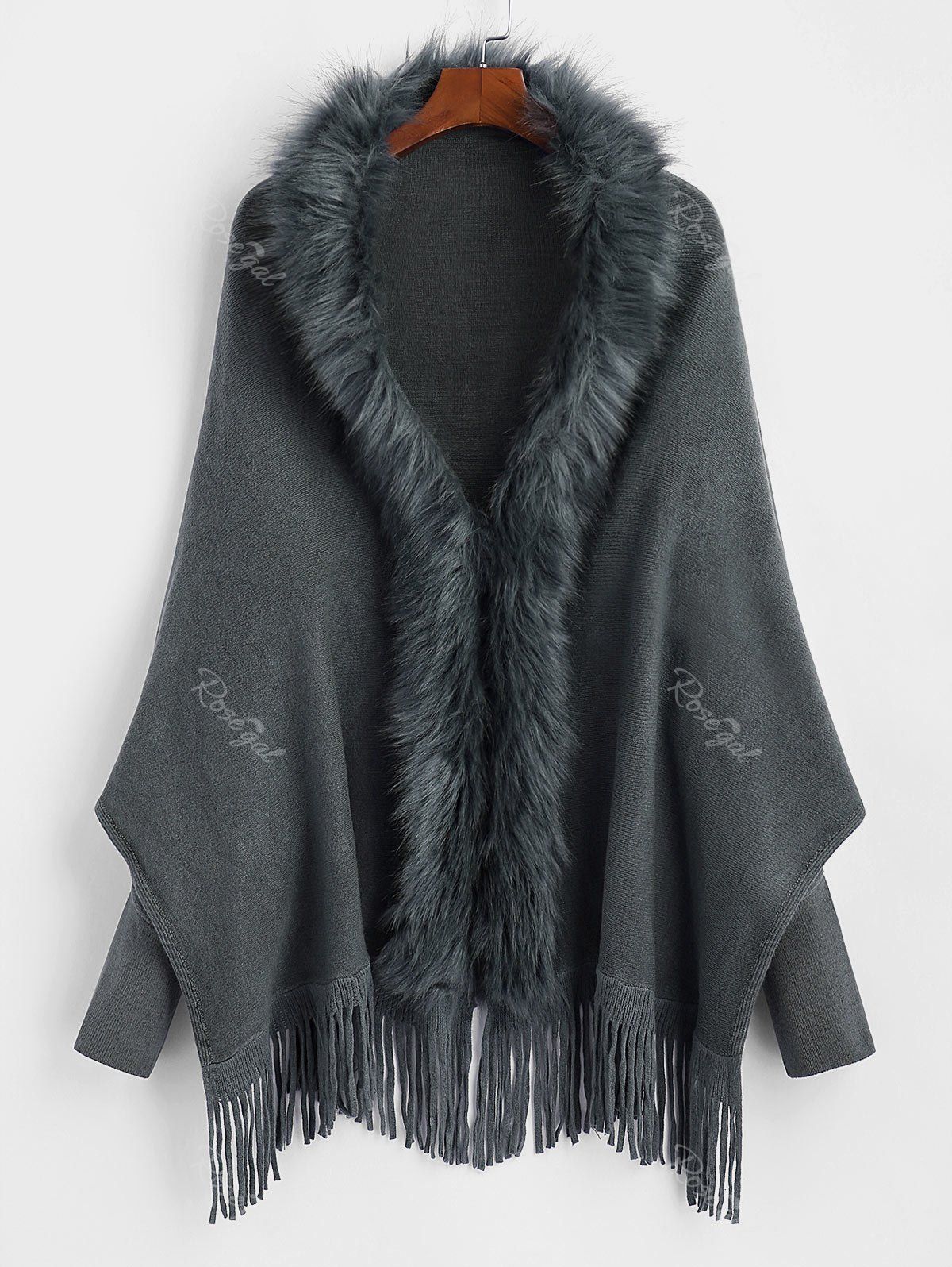 

Plus Size Batwing Sleeve Fringed Faux Fur Cardigan, Gray