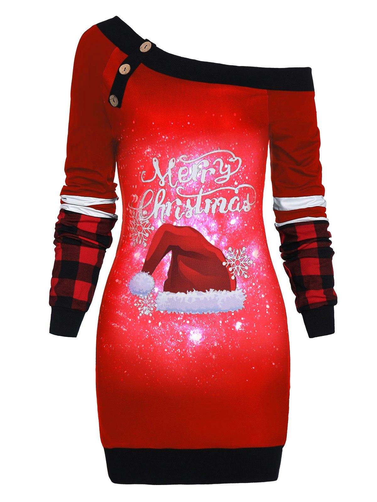 

Skew Neck Hat Print Christmas Dress, Red wine
