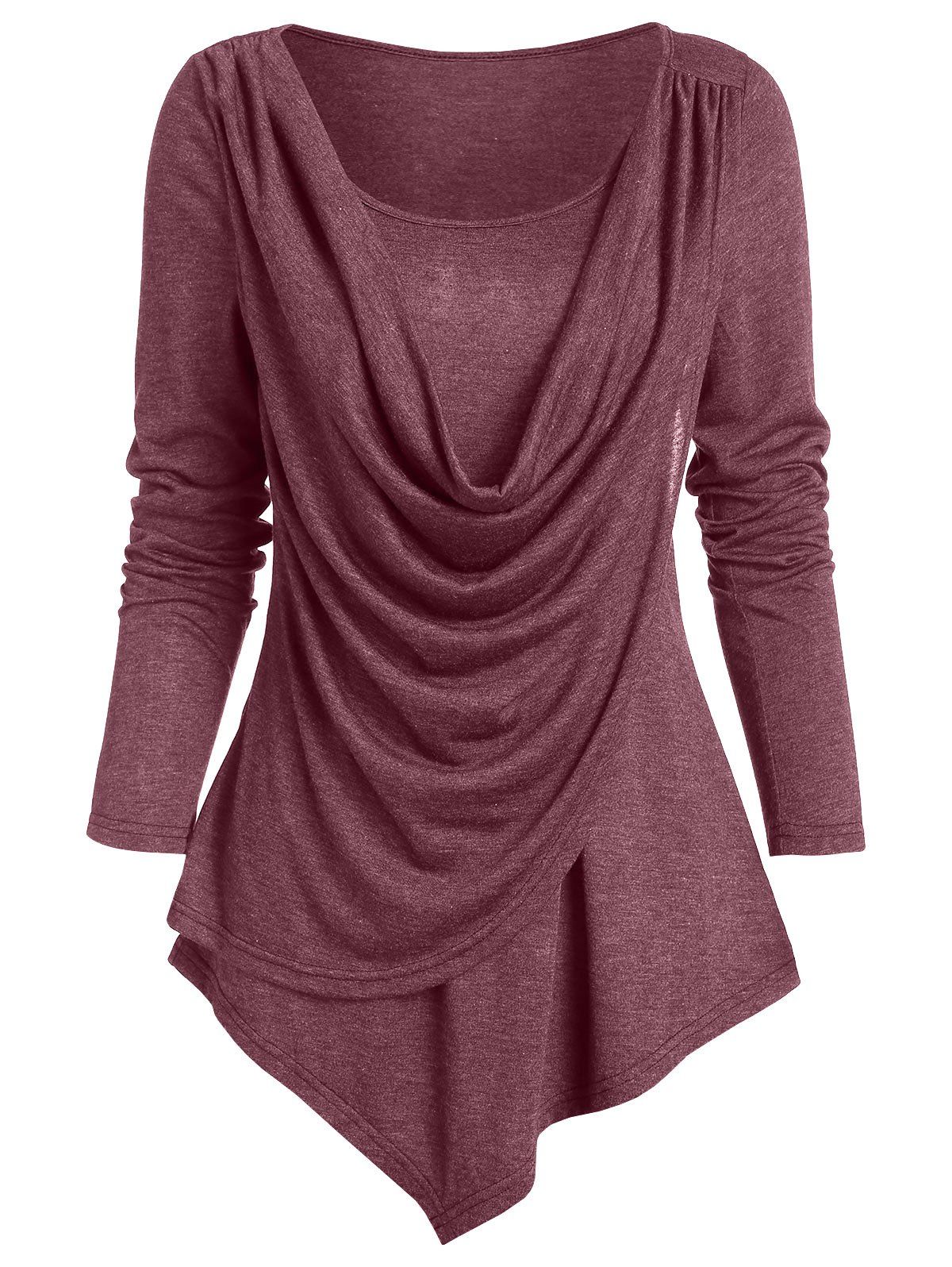 

Heathered Pointed Hem Draped Overlap T-shirt, Red wine