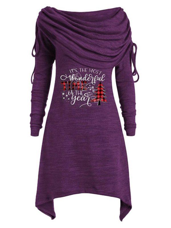 

Plus Size Christmas Printed Off Shoulder Asymmetric T Shirt, Purple iris