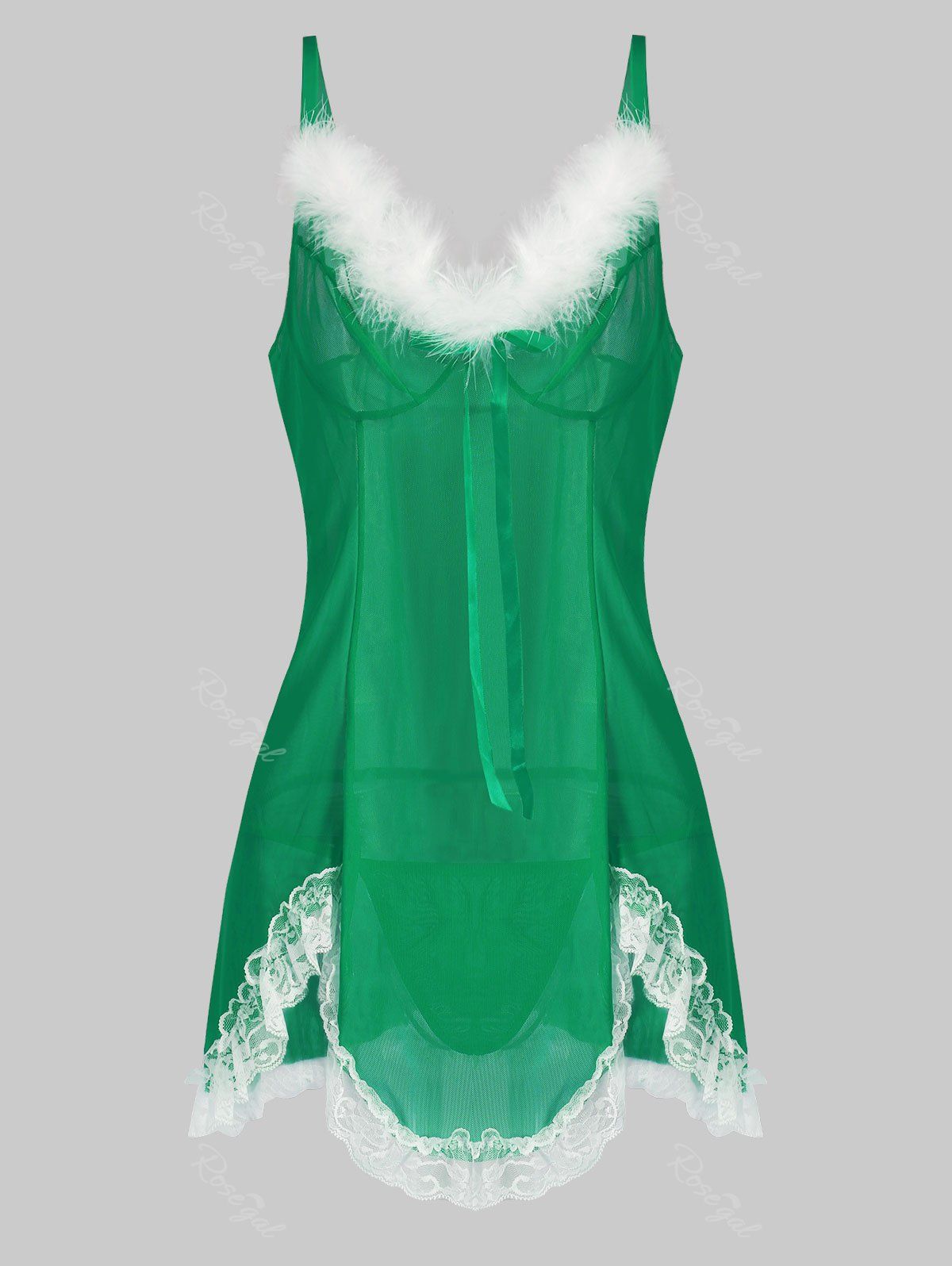 

T Back Christmas Faux Fur Lace Panel Sheer Mesh Plus Size Babydoll, Green