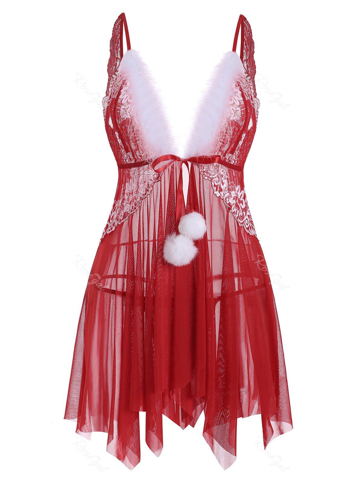 

T Back Christmas Fuzzy Pompoms Tie Front Sheer Mesh Plus Size Babydoll, Red