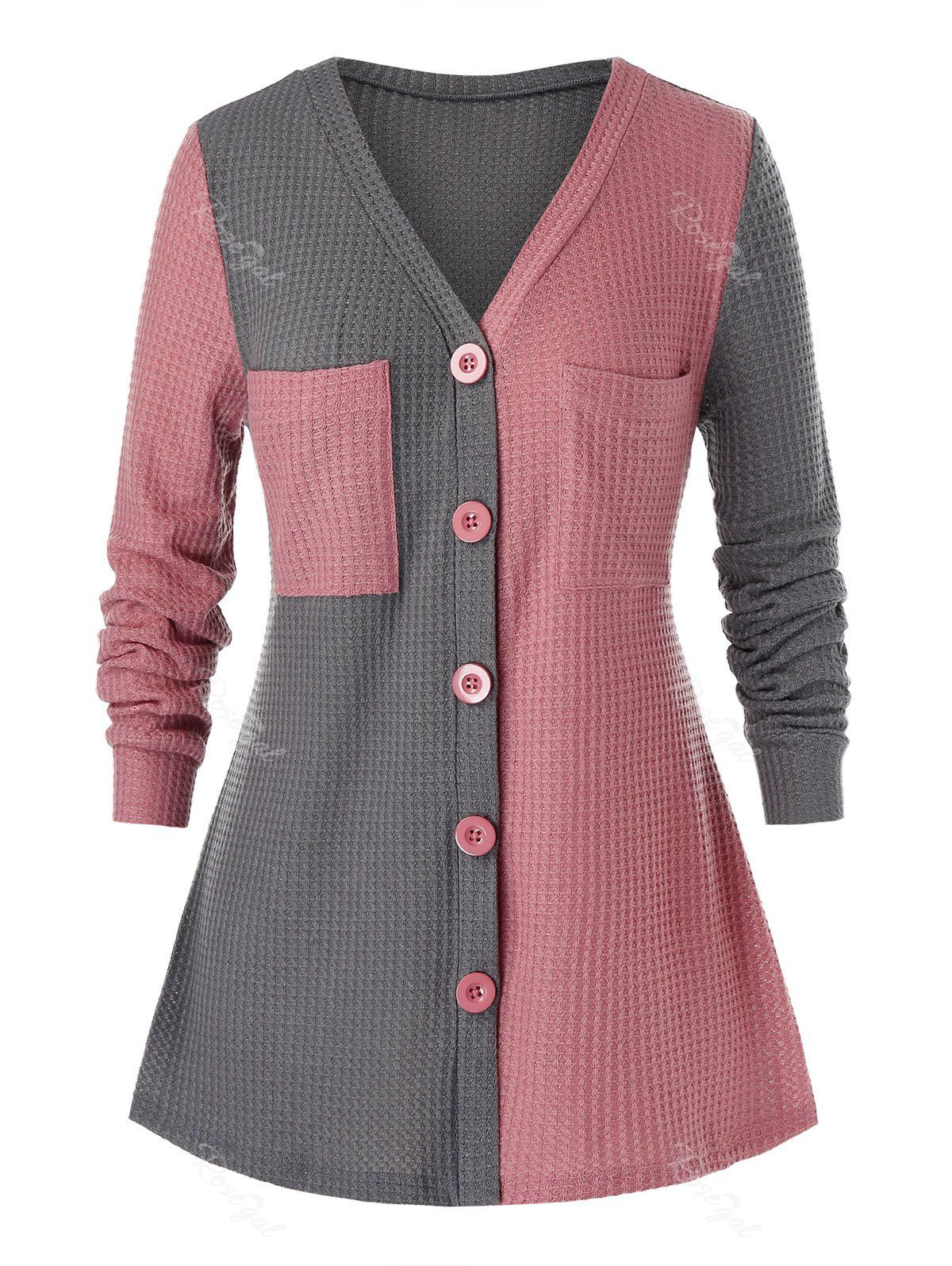 

Plus Size Two Tone Chest Pocket Tunic Knit Sweater, Light pink
