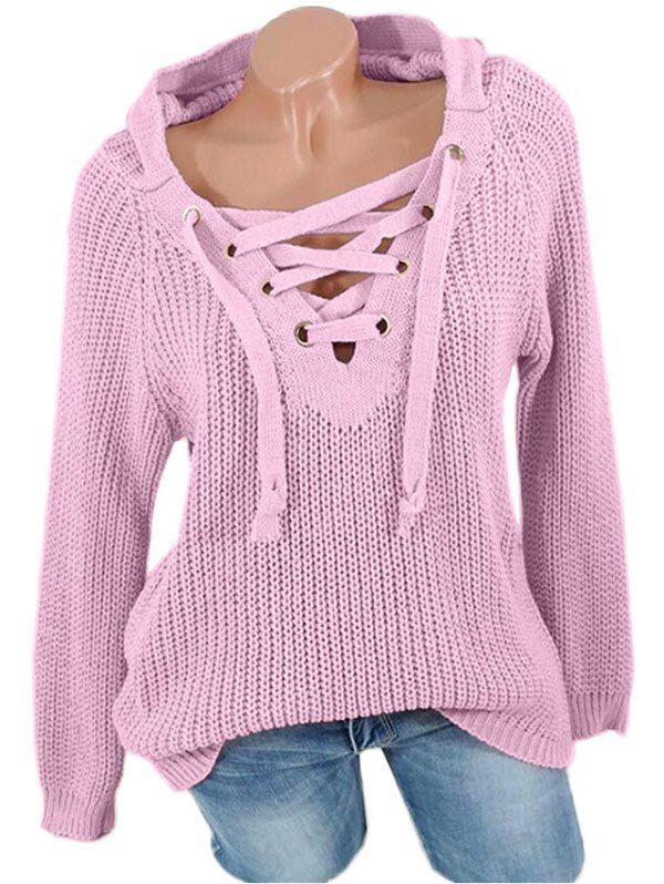 

Lace Up Raglan Sleeves Hooded Sweater, Pink