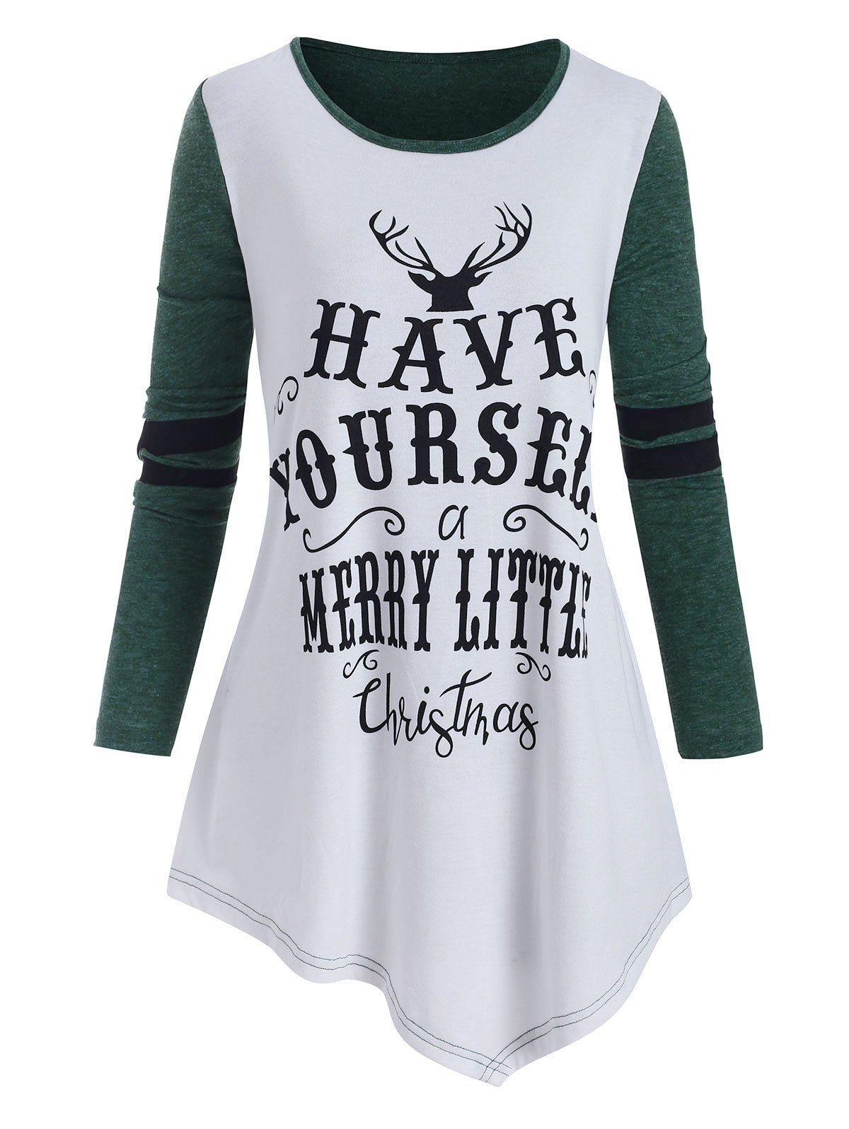 

Plus Size Christmas Printed Asymmetric Graphic T Shirt, Dark forest green