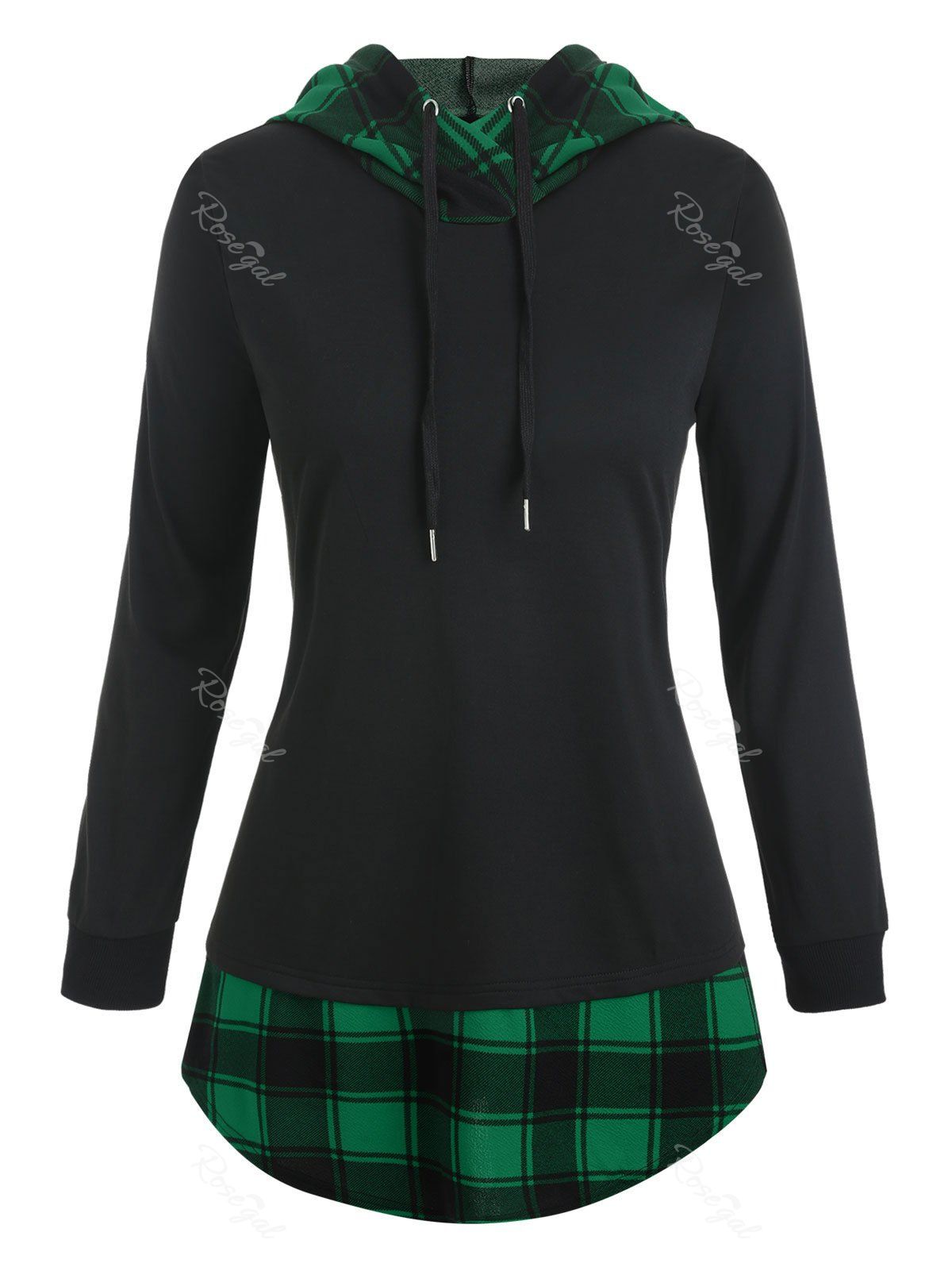 

Plus Size Checked Panel Tunic Hooded Sweatshirt, Deep green