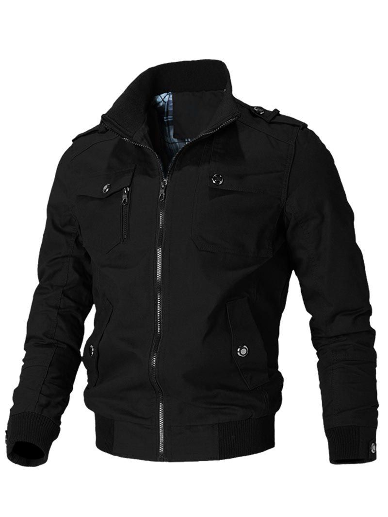

Color Spliced Multi-pocket Design Zipper Jacket, Black