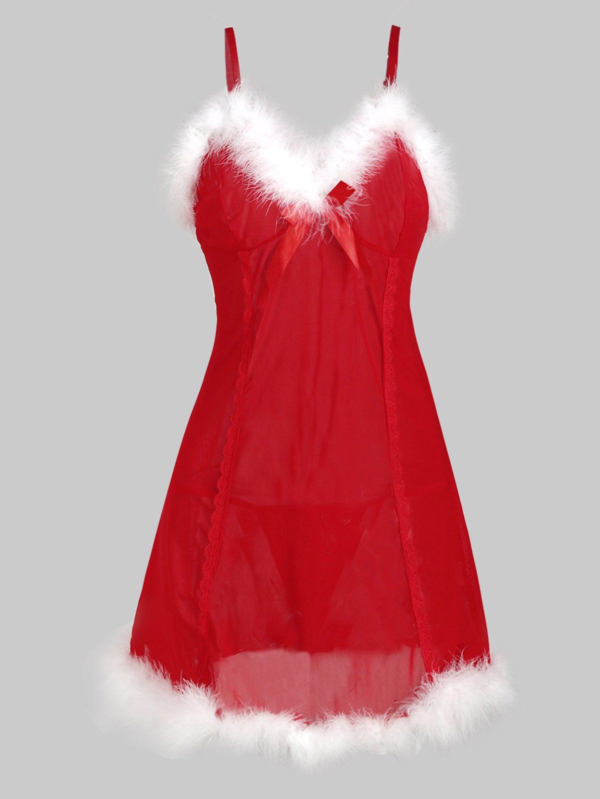 

Christmas Hat T Back Faux Fur Sheer Mesh Plus Size Babydoll, Red