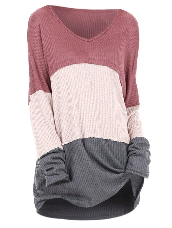 

Plus Size V Neck Colorblock Sweater, Chestnut red