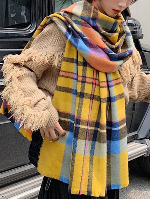 

Plaid Pattern Faux Cashmere Long Scarf, Bright yellow