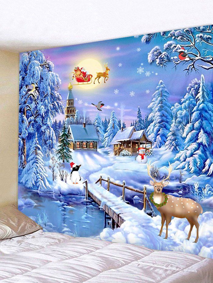 

Christmas Snow Deer Printed Tapestry, Denim blue