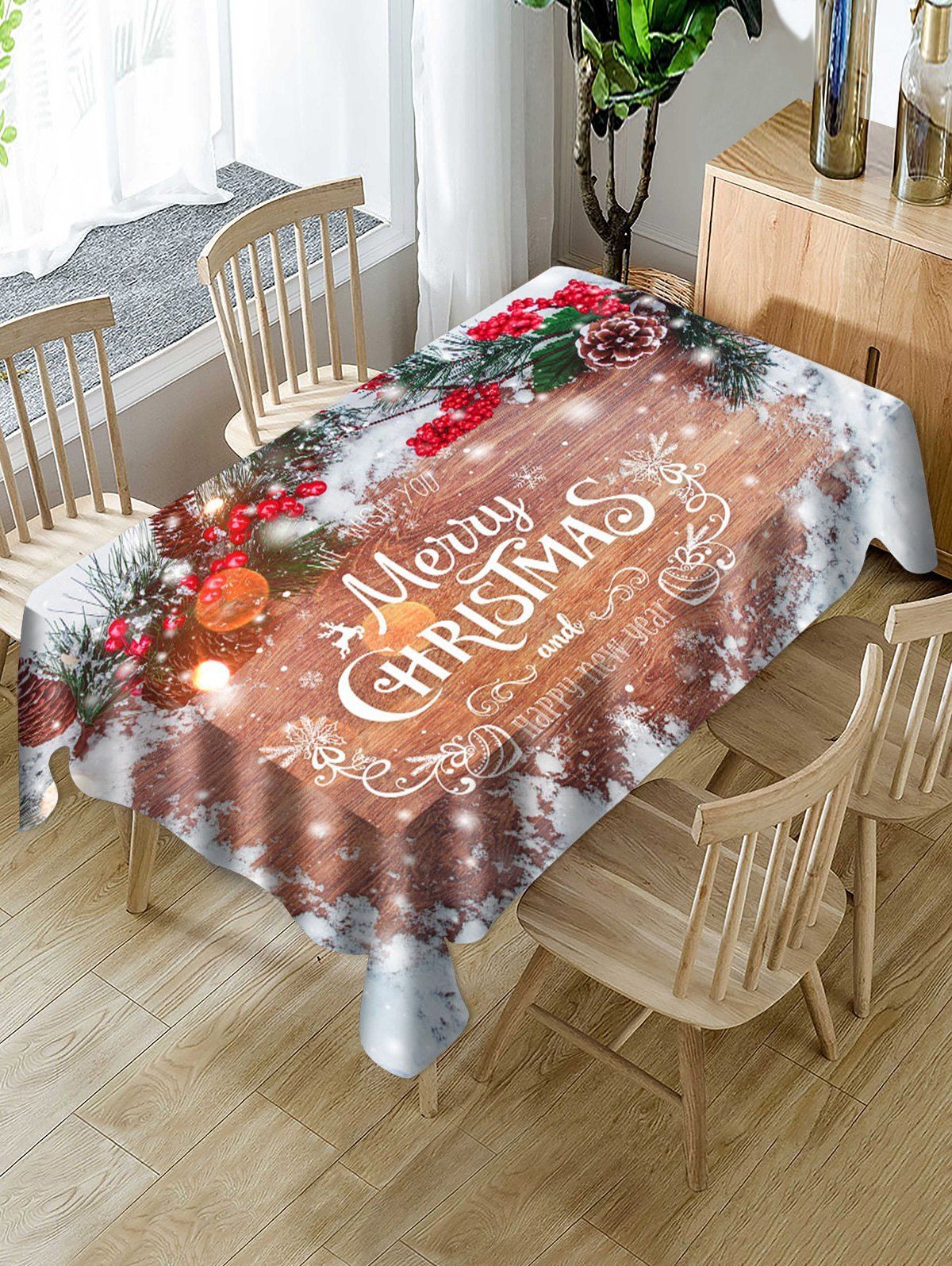 

Christmas Branches Greeting Print Waterproof Fabric Tablecloth, Multi