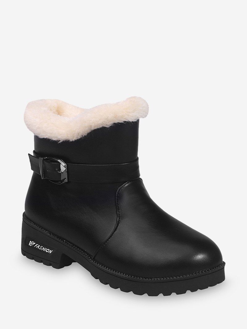 

Buckle Strap PU Leather Faux Fur Ankle Boots, Black