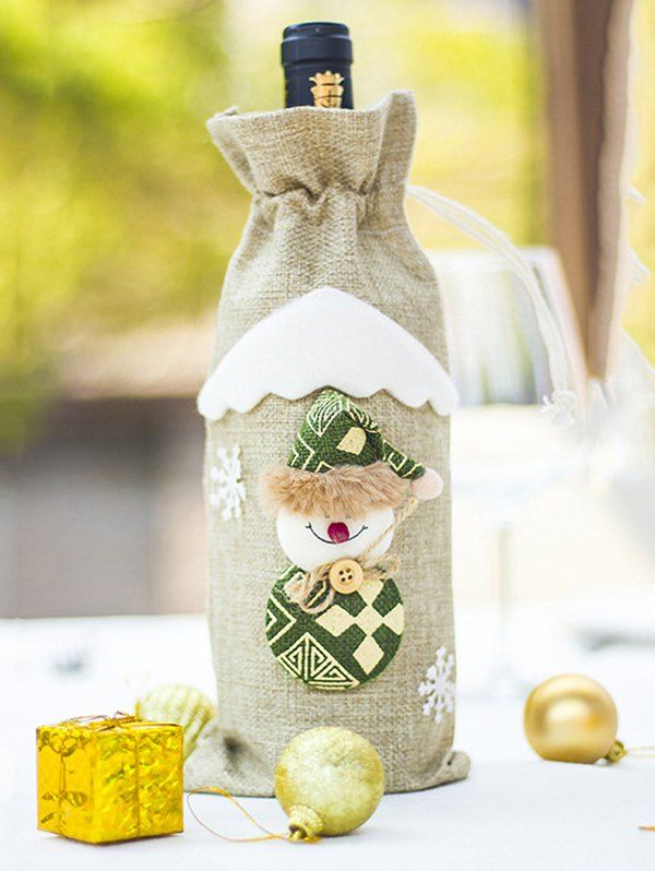 

Christmas Santa Claus Snowman Pattern Drawstring Wine Bottle Cover, Warm white