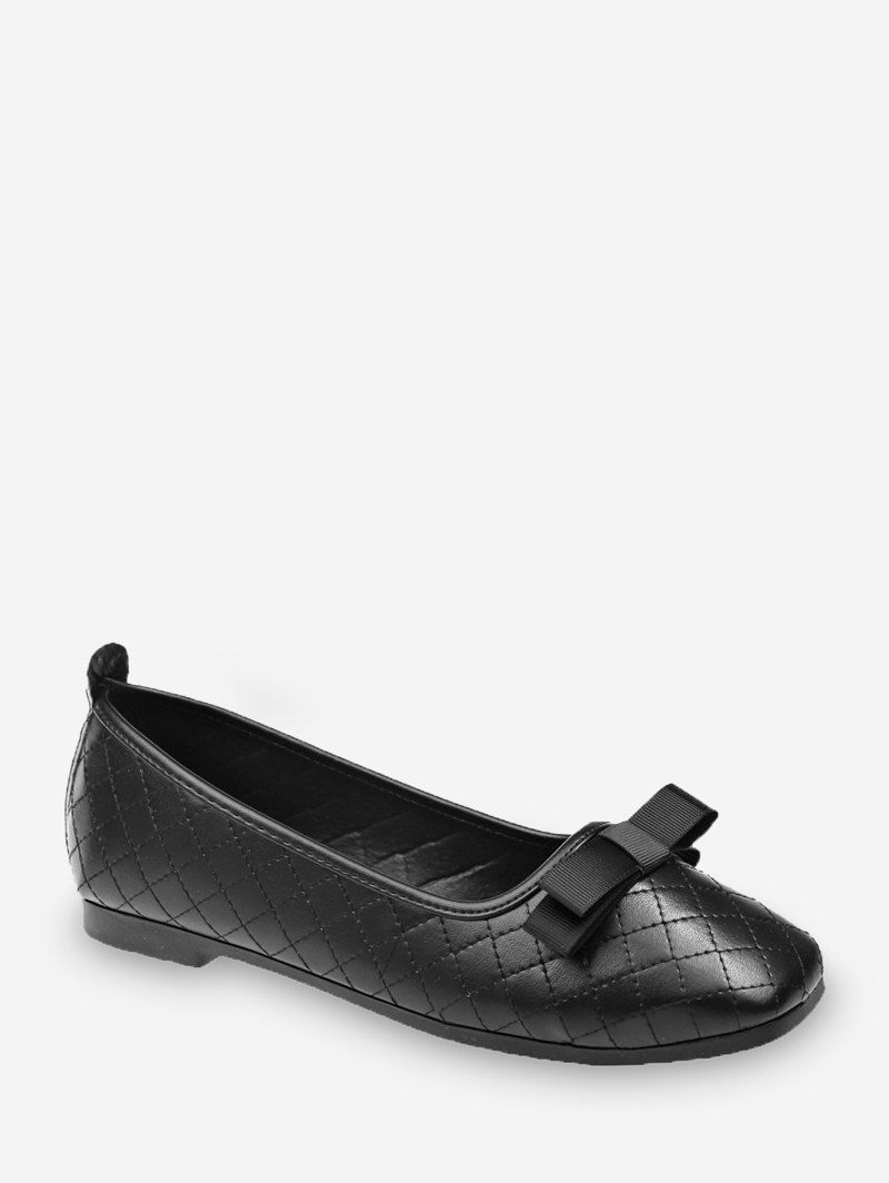 

Bowknot Grid Sew PU Leather Flats, Black