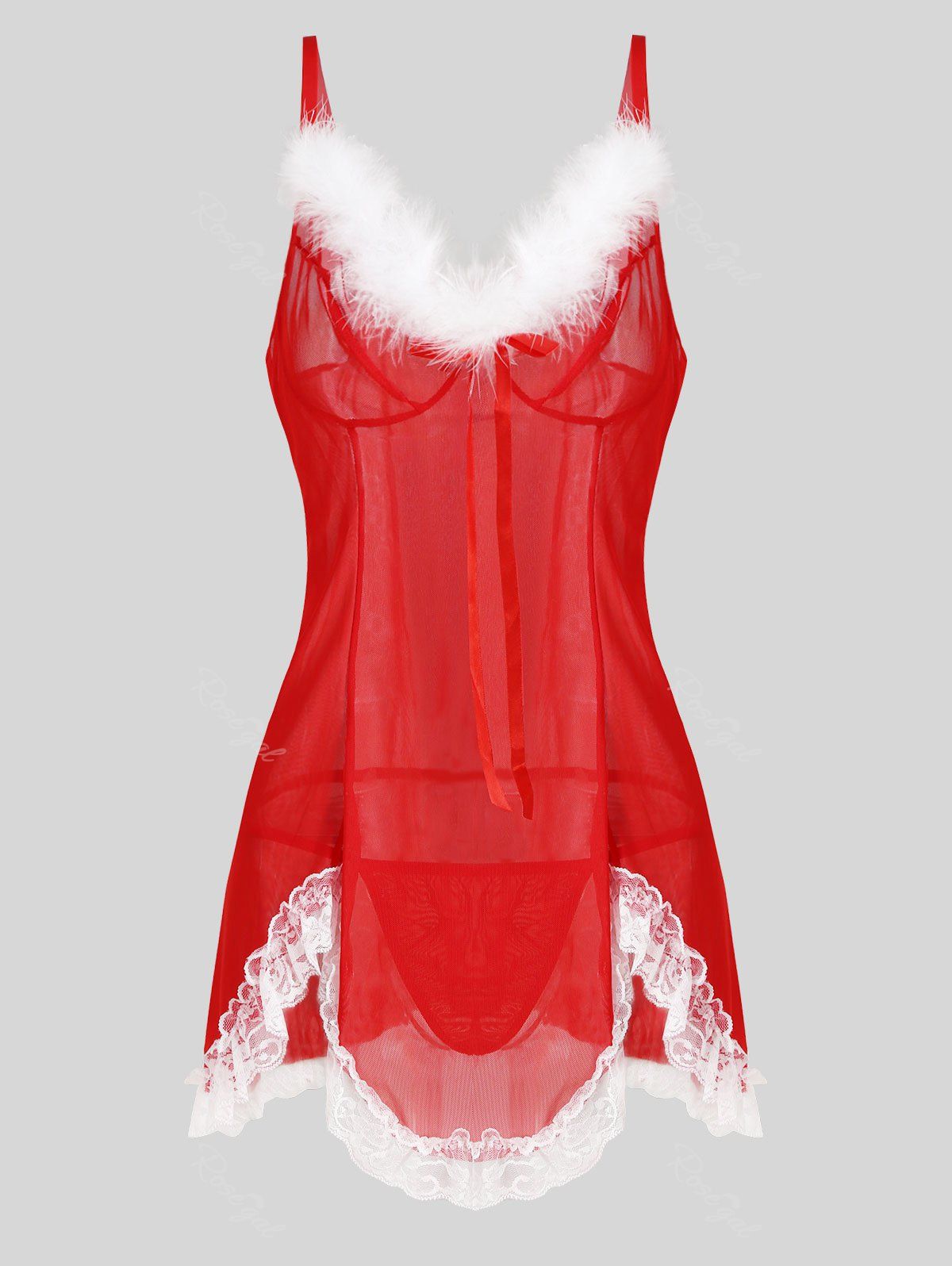 

T Back Christmas Faux Fur Lace Panel Sheer Mesh Plus Size Babydoll, Red