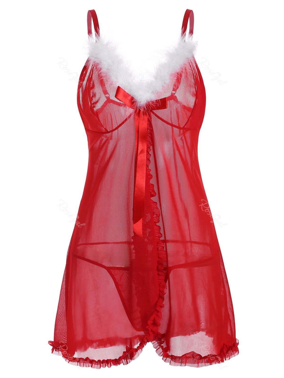 

Christmas Bowknot Fuzzy T Back Sheer Mesh Plus Size Babydoll, Red