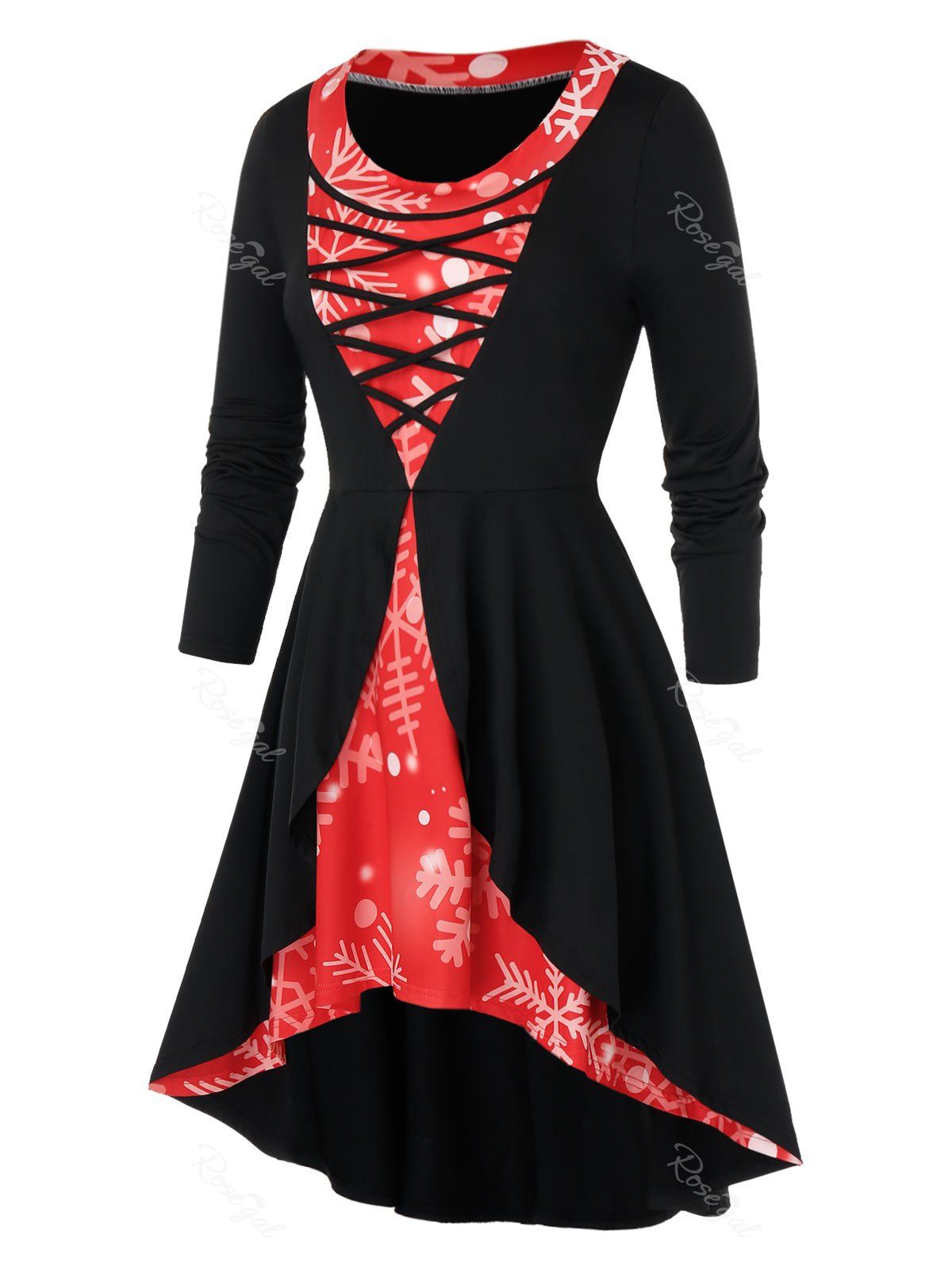 

Plus Size Christmas Snowflake Print High Low T Shirt, Black