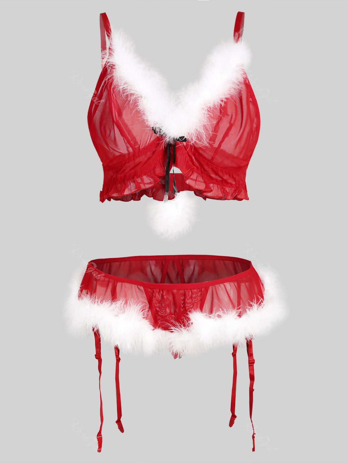 

Christmas Sheer Mesh Faux Fur Lettuce Trim Plus Size Lingerie Set, Red