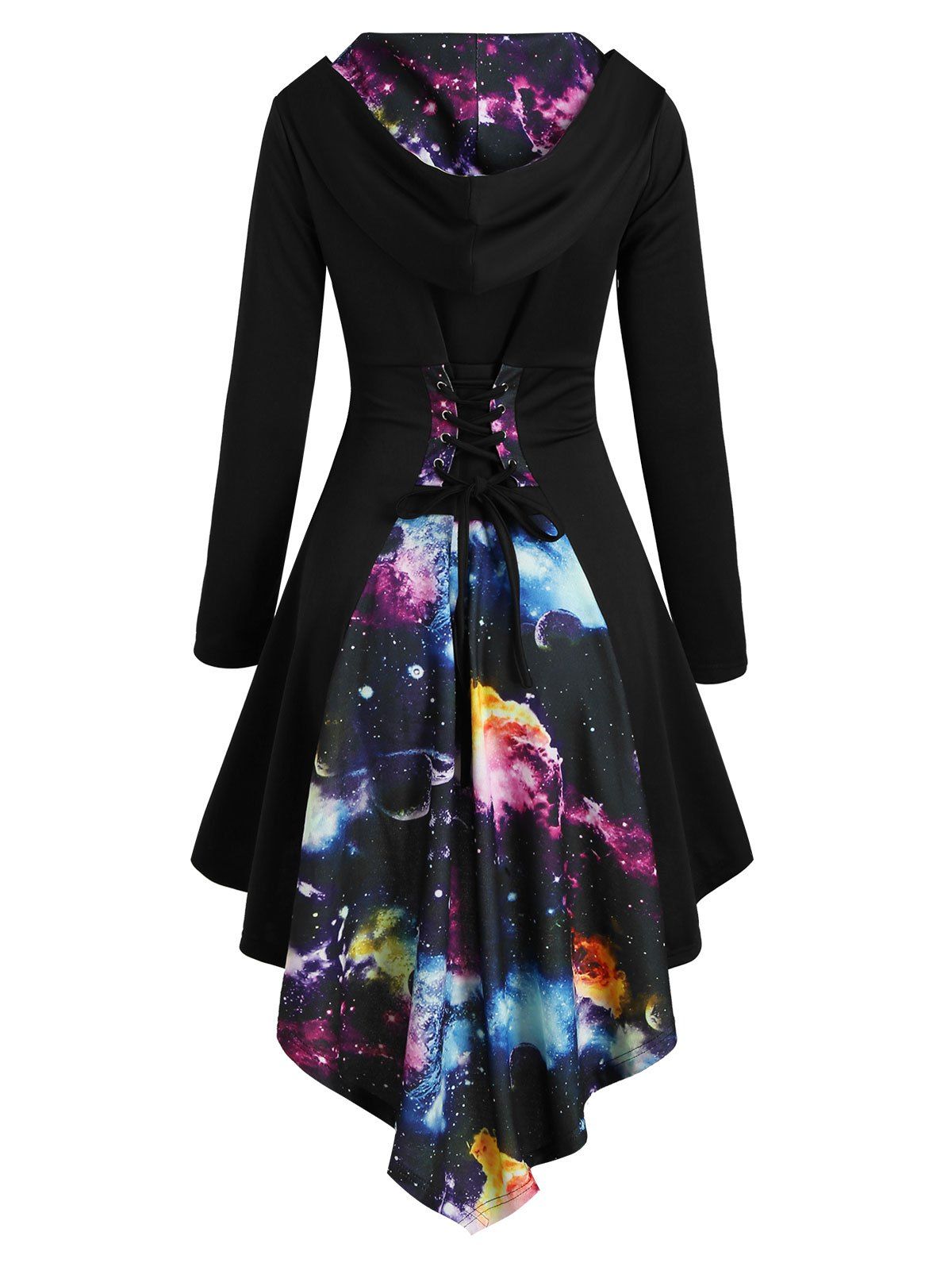 

Lace Up Planet Print Dip Hem Hooded Dress, Black