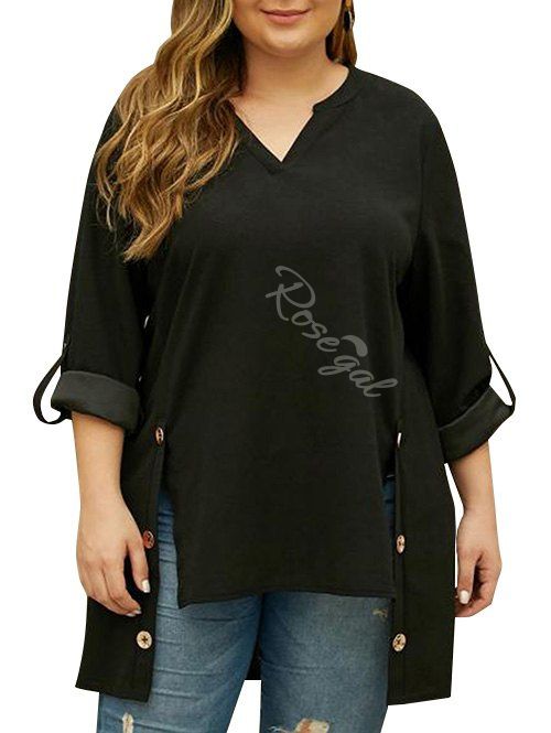 

Side Buttoned Tab Sleeve High Low Plus Size Blouse, Black