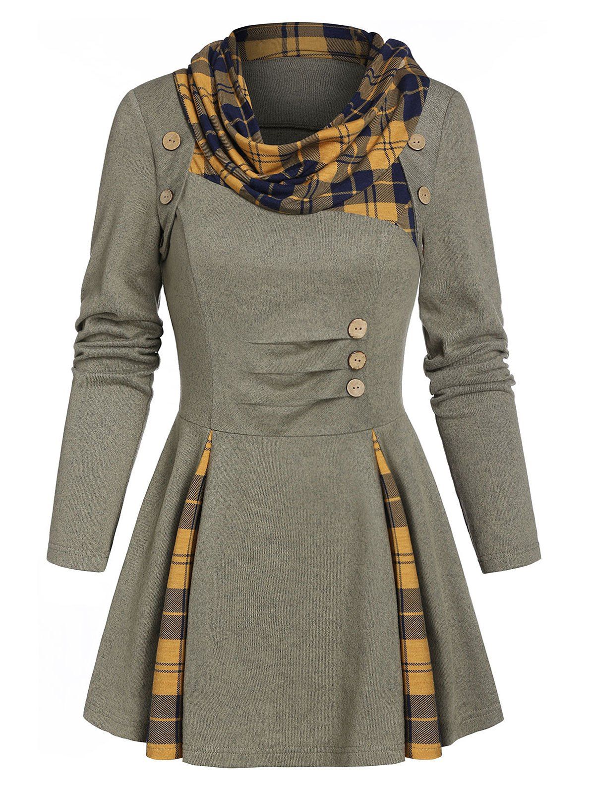 

Plaid Print Ruched Mock Button Sweater, Camouflage green