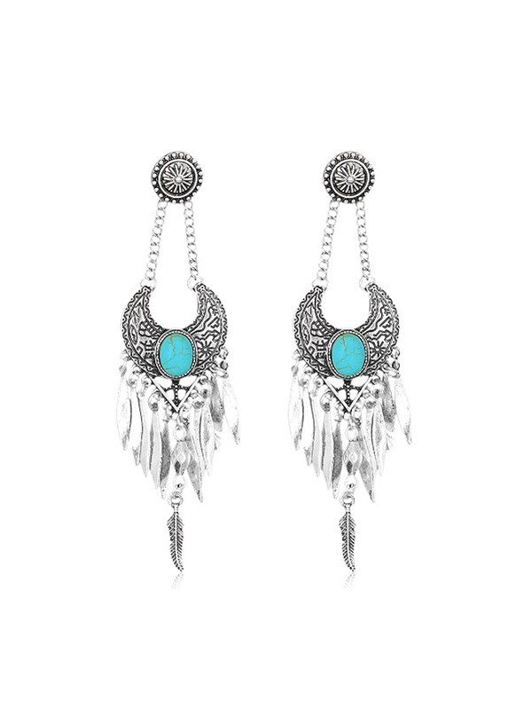 

Faux Turquoise Crescent Feather Fringed Drop Earrings, Silver