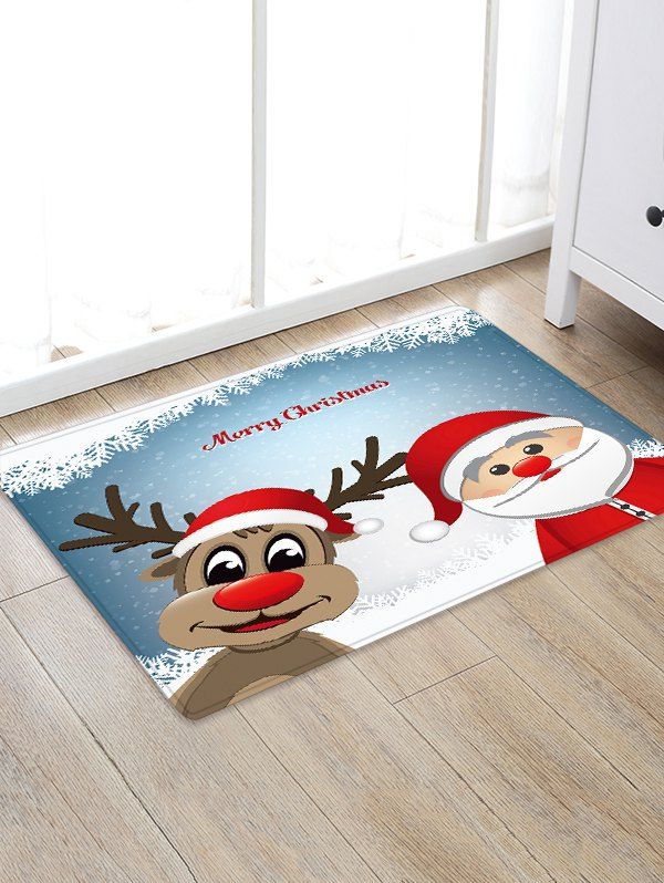 

Christmas Cartoon Santa Claus Elk Pattern Water Absorption Area Rug, Silk blue