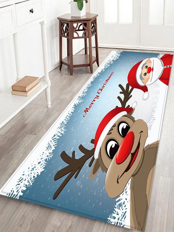 

Christmas Cartoon Santa Claus Elk Pattern Water Absorption Area Rug, Silk blue