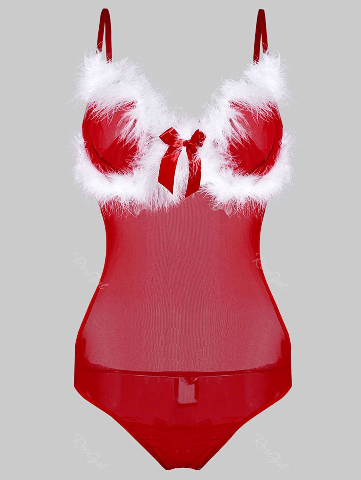 

Bowknot Fuzzy Sheer Mesh Christmas Plus Size Teddy, Red