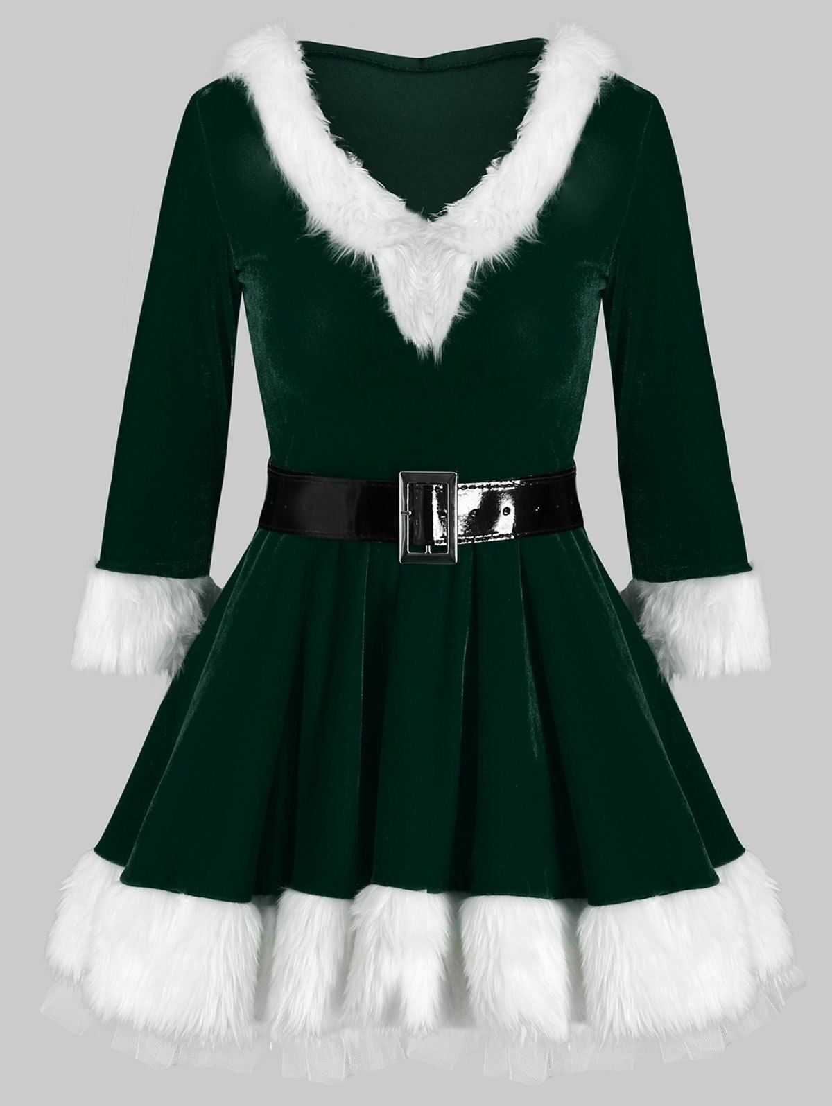 

Belted Christmas Fluffy Velvet Mini Dress, Deep green