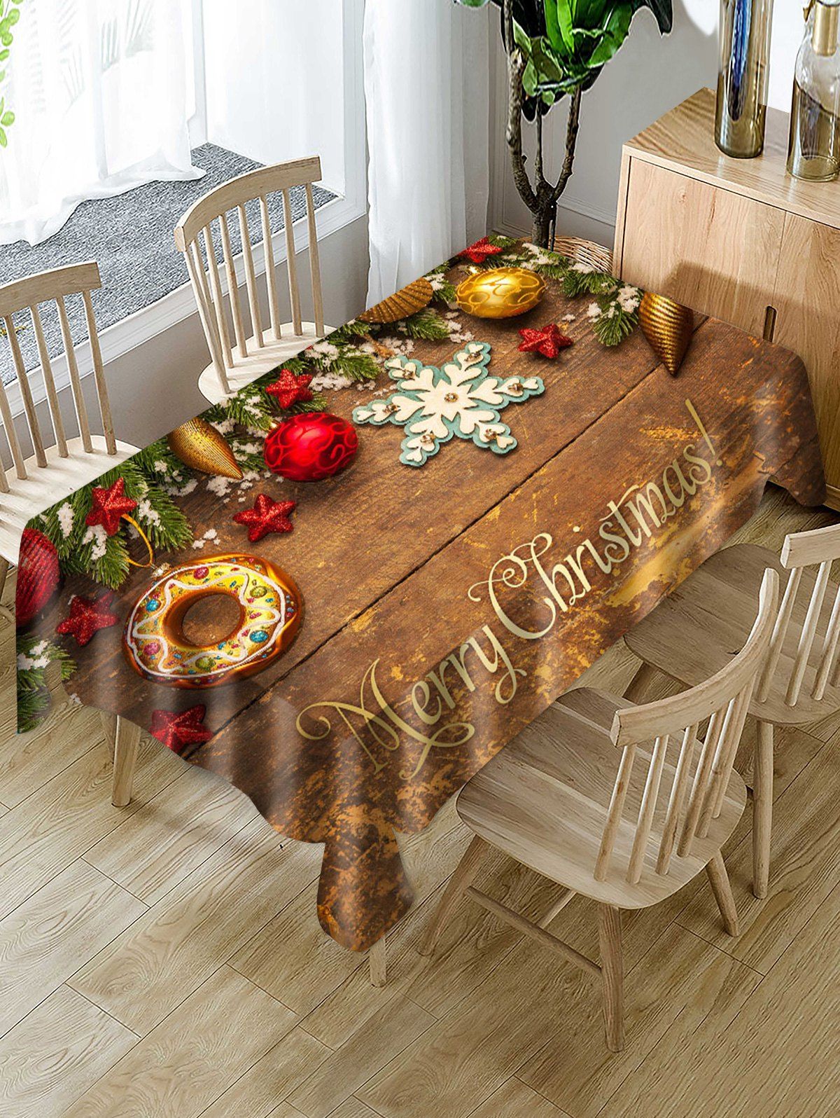 

Merry Christmas Wooden Star Fabric Table Cloth, Multi