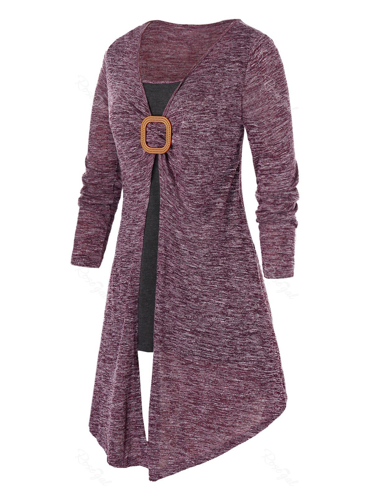

Plus Size Split Knotted Marled Asymmetric T Shirt, Red wine